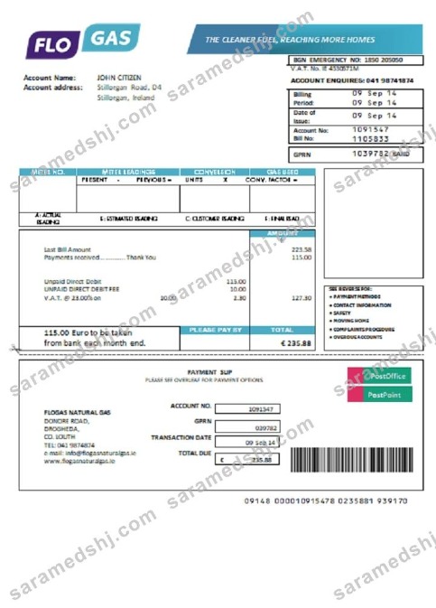 Ireland Flogas Natural Gas utility bill